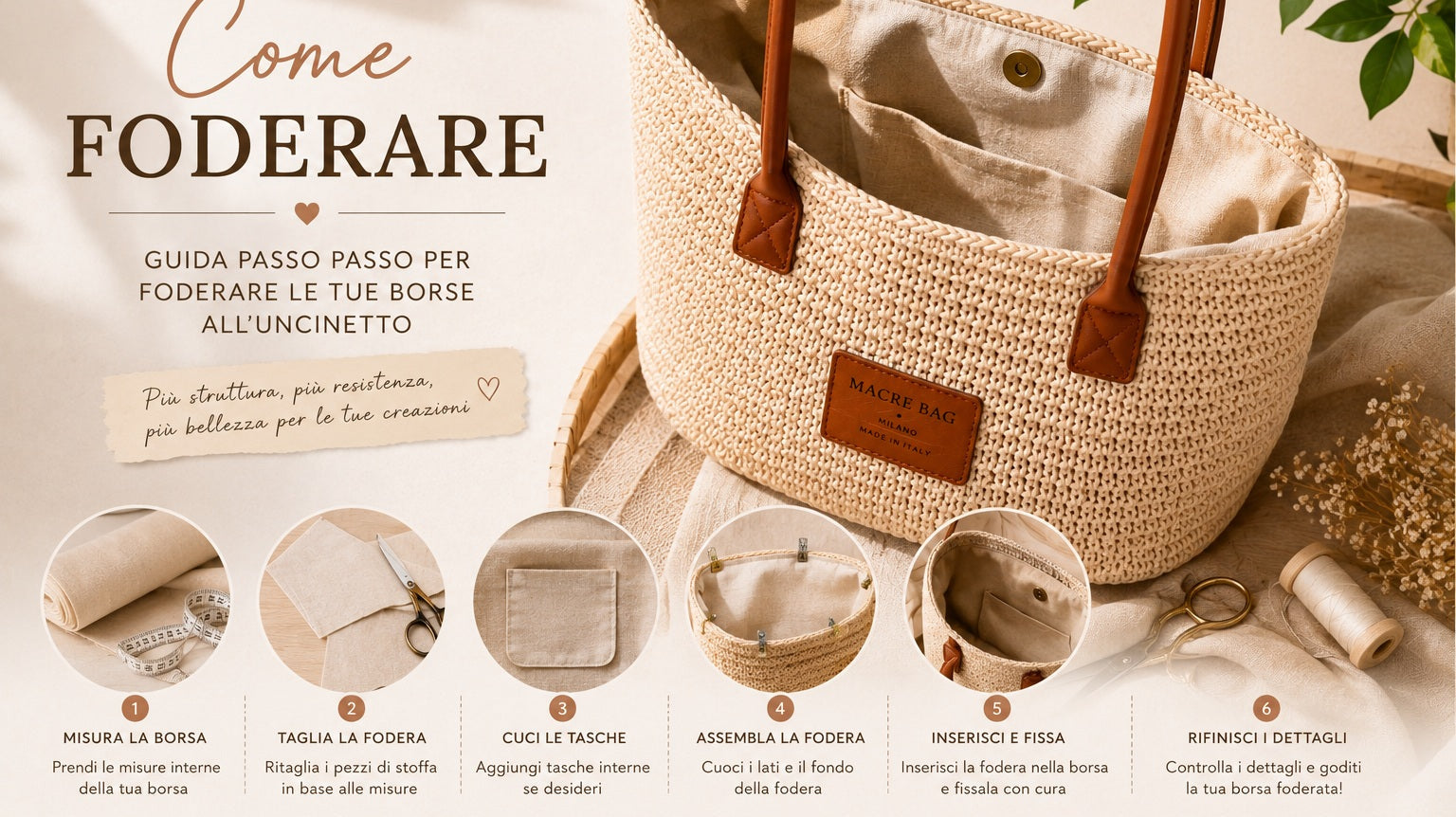 Fodera per borsa all'uncinetto: tre metodi per cucire o incollare il tessuto interno Macrè Bag