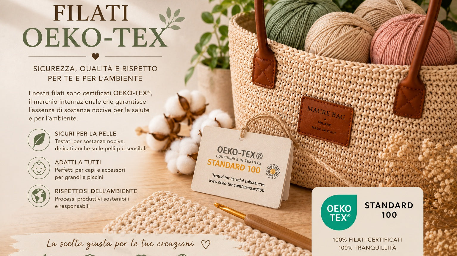 Filati OEKO-TEX Standard 100 Macrè Bag: certificati senza sostanze nocive per borse all'uncinetto