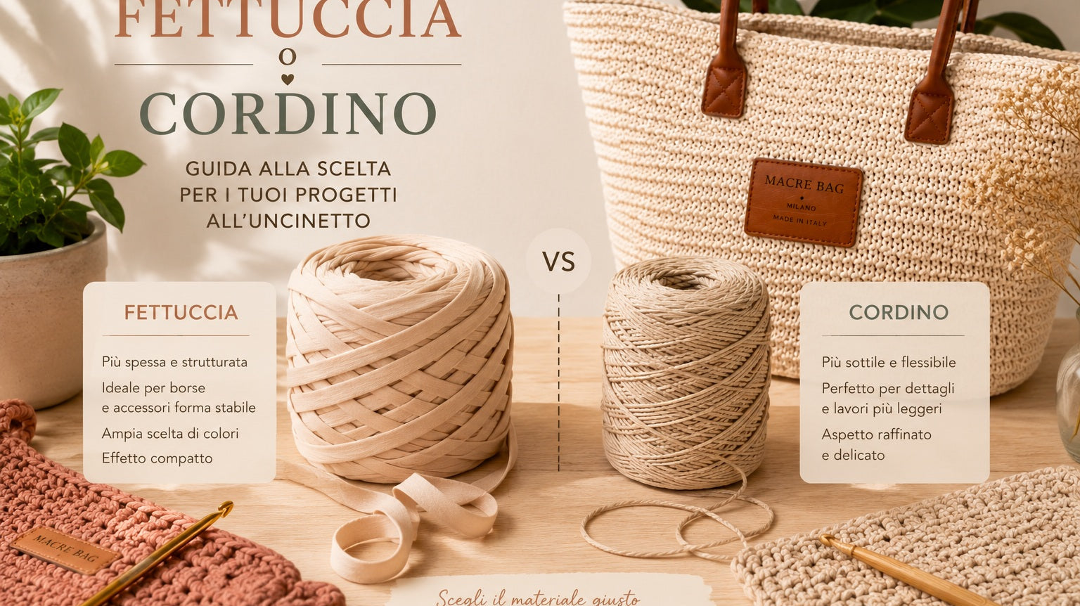 Fettuccia e cordino a confronto: due filati per borse all'uncinetto Macrè Bag, struttura e morbidezza