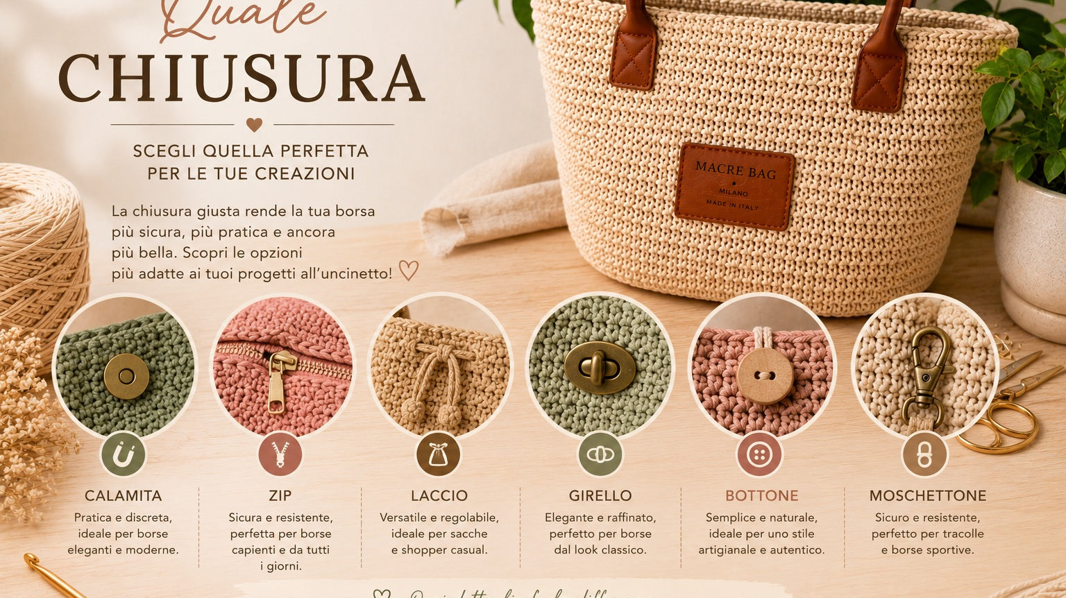 Chiusure per borse all'uncinetto: a molla, cartella, clic-clac, cerniera e bottone Macrè Bag
