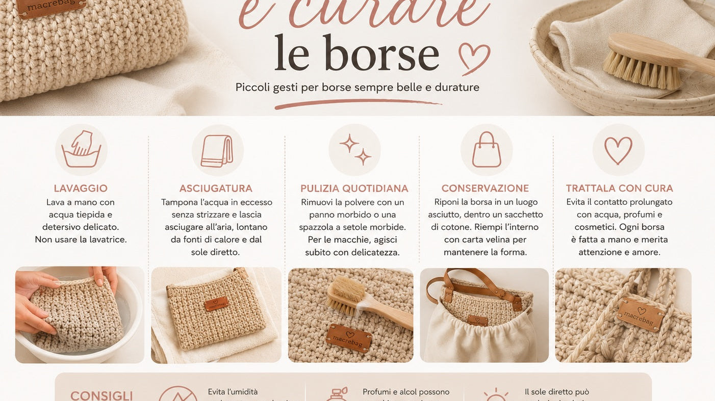 Come lavare e curare una borsa all'uncinetto: lavaggio a mano e asciugatura dei filati Macrè Bag