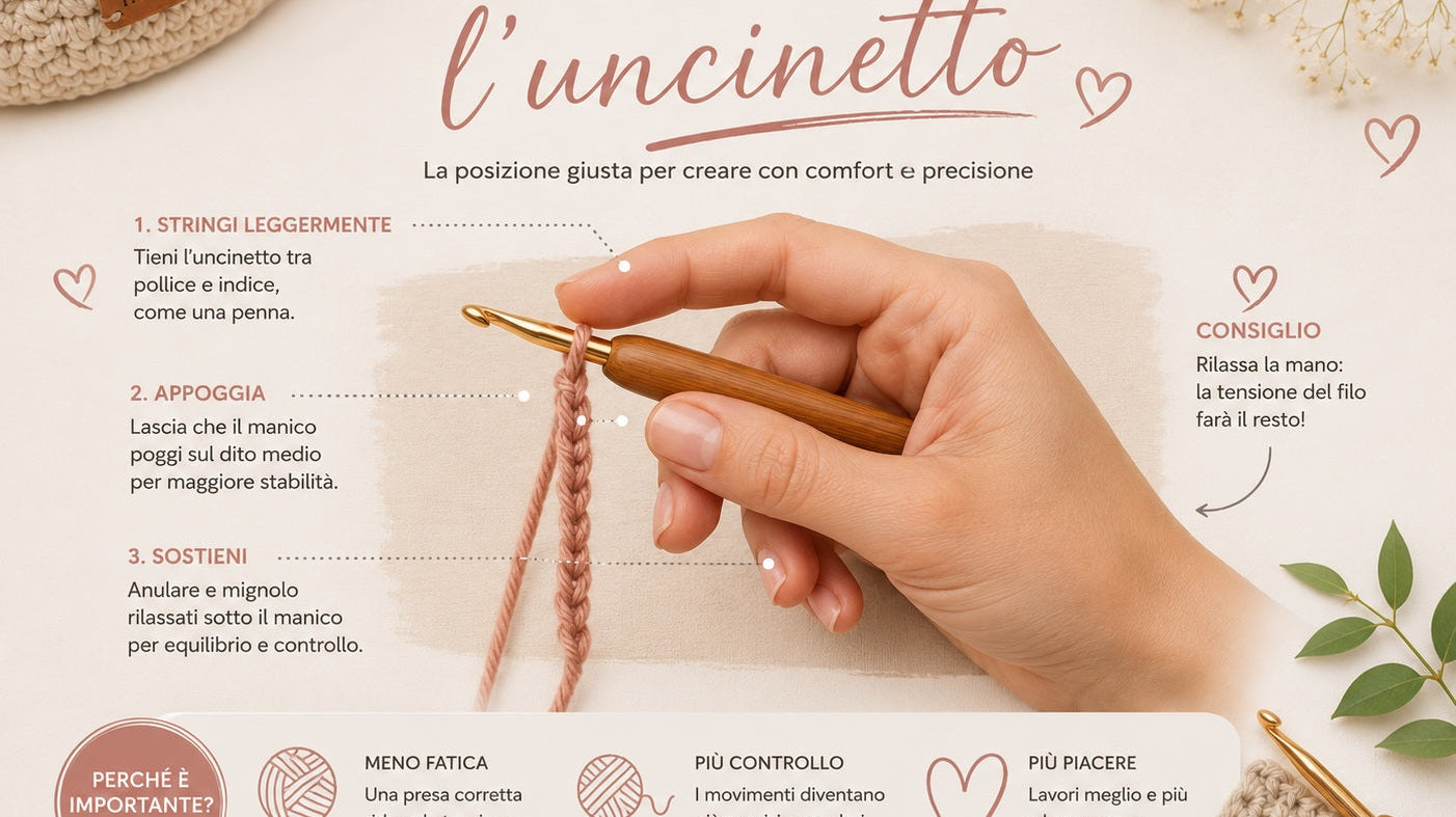 Come tenere correttamente l'uncinetto: presa a matita e a coltello per borse Macrè Bag