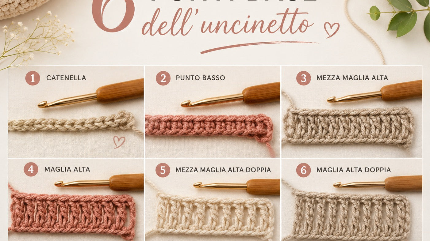 I 6 punti base dell'uncinetto: catenella, punto basso, punto alto e altri per borse Macrè Bag