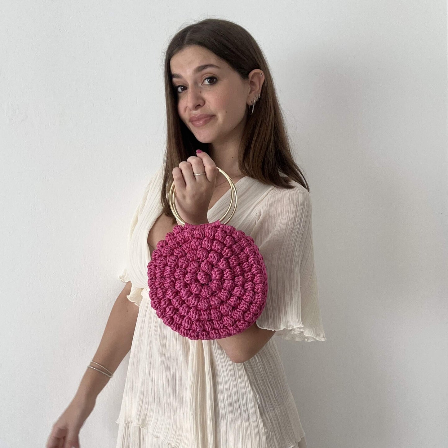 Kit completo per realizzare borsa a mano con punto nocciolina tondo con uncinetto