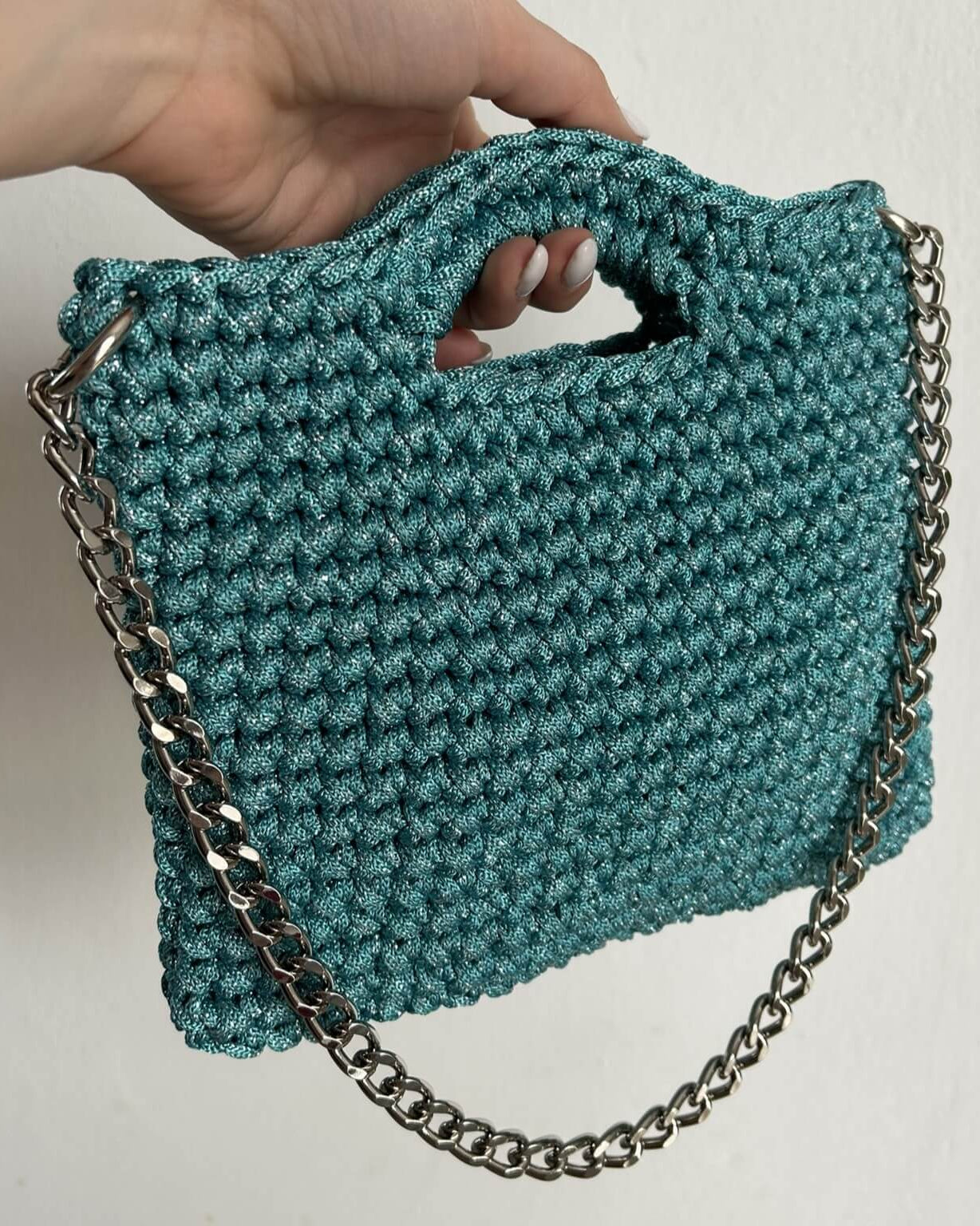 Borsa Carola all'uncinetto finita – shopping bag in cordino lurex elegante