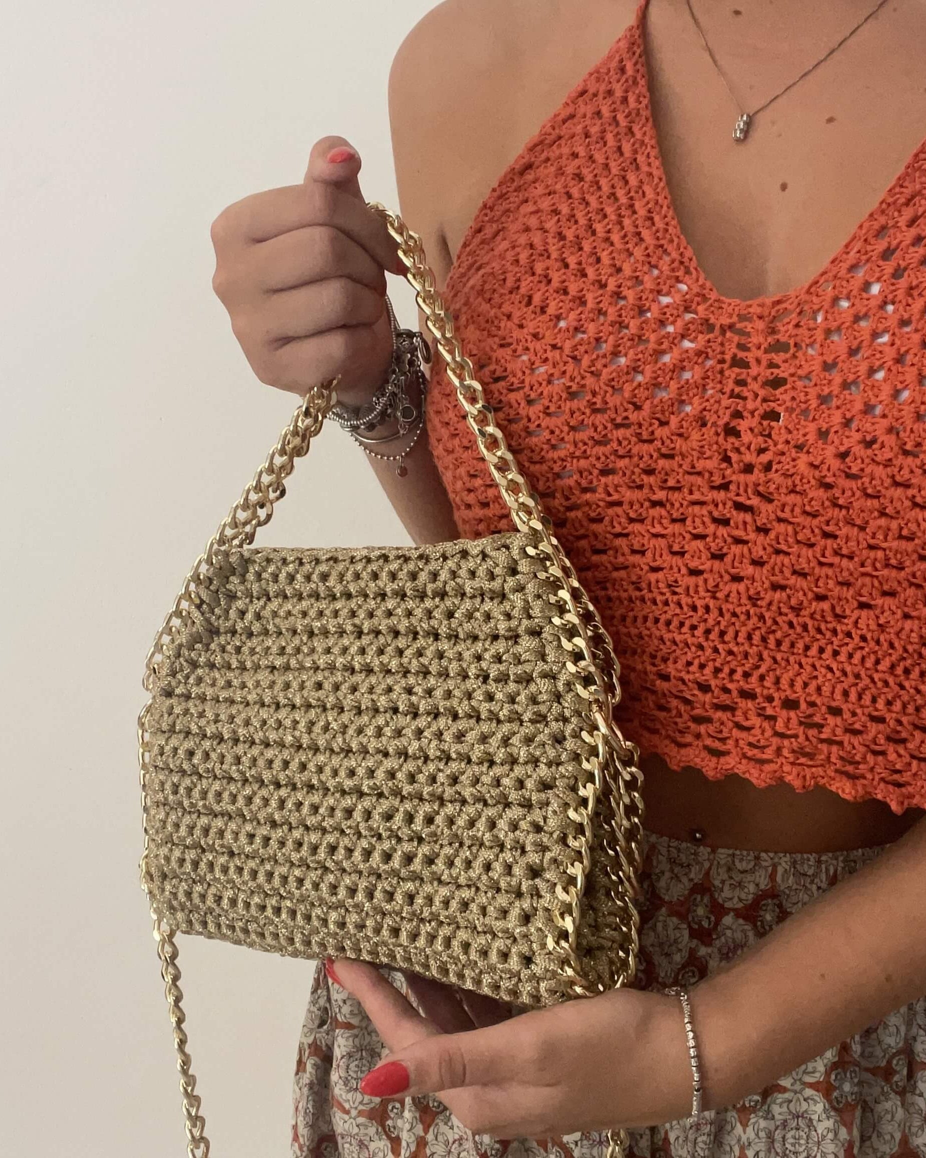 Kit borsa Stella Mini Lurex all'uncinetto completo con cordino lurex e catena