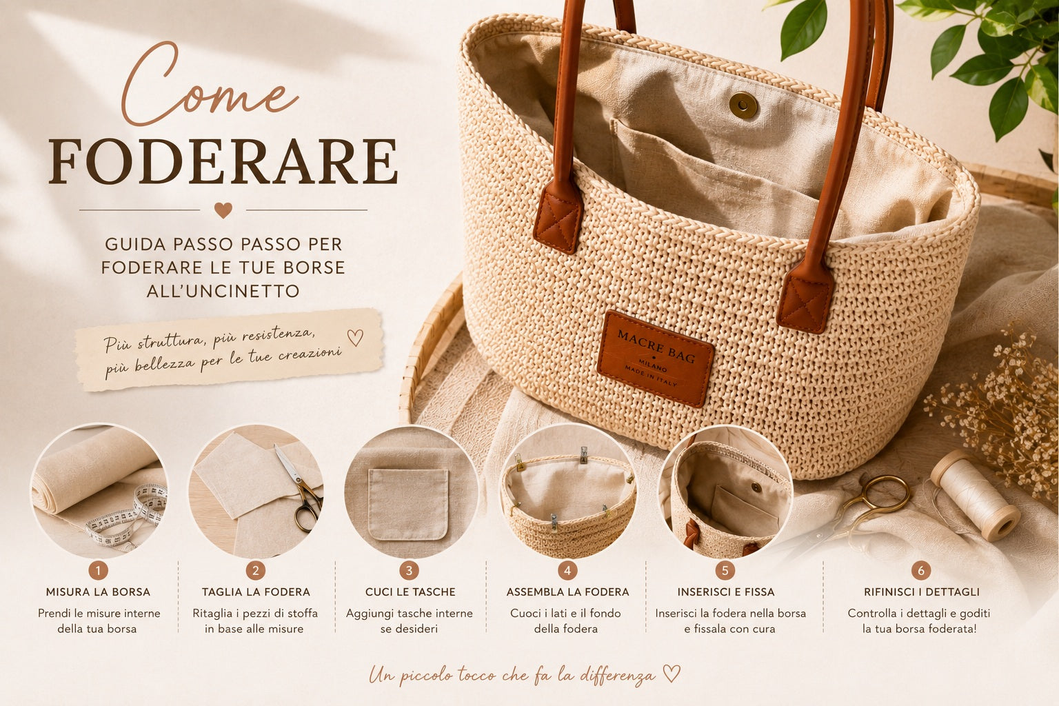Fodera per borsa all'uncinetto: tre metodi per cucire o incollare il tessuto interno Macrè Bag