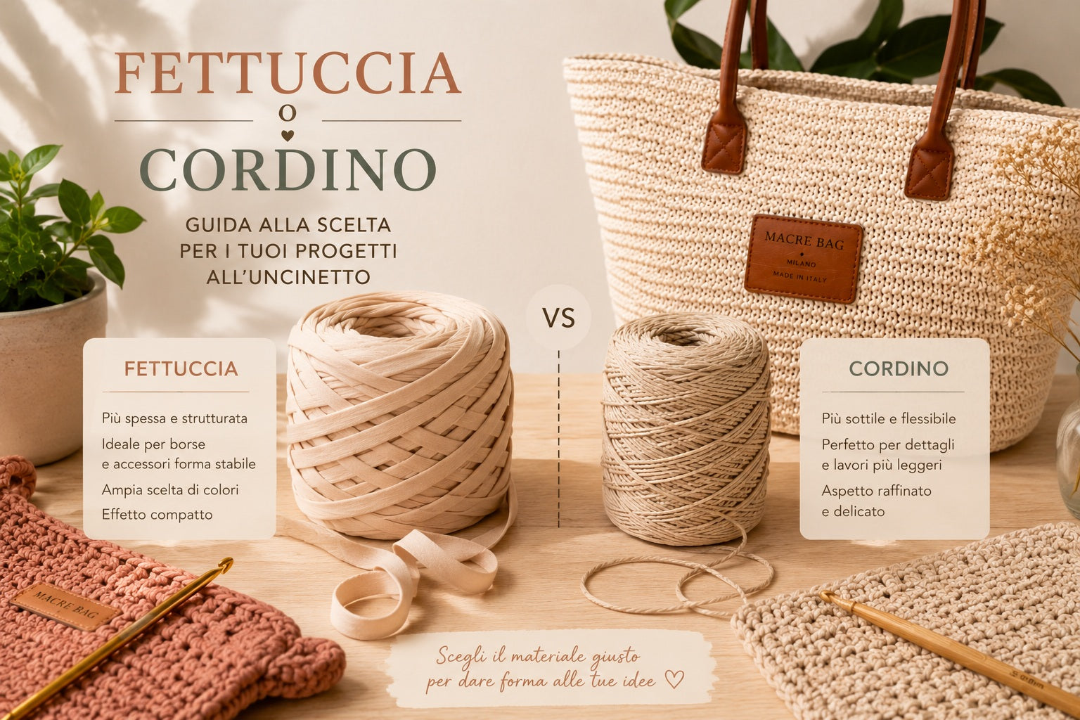 Fettuccia e cordino a confronto: due filati per borse all'uncinetto Macrè Bag, struttura e morbidezza