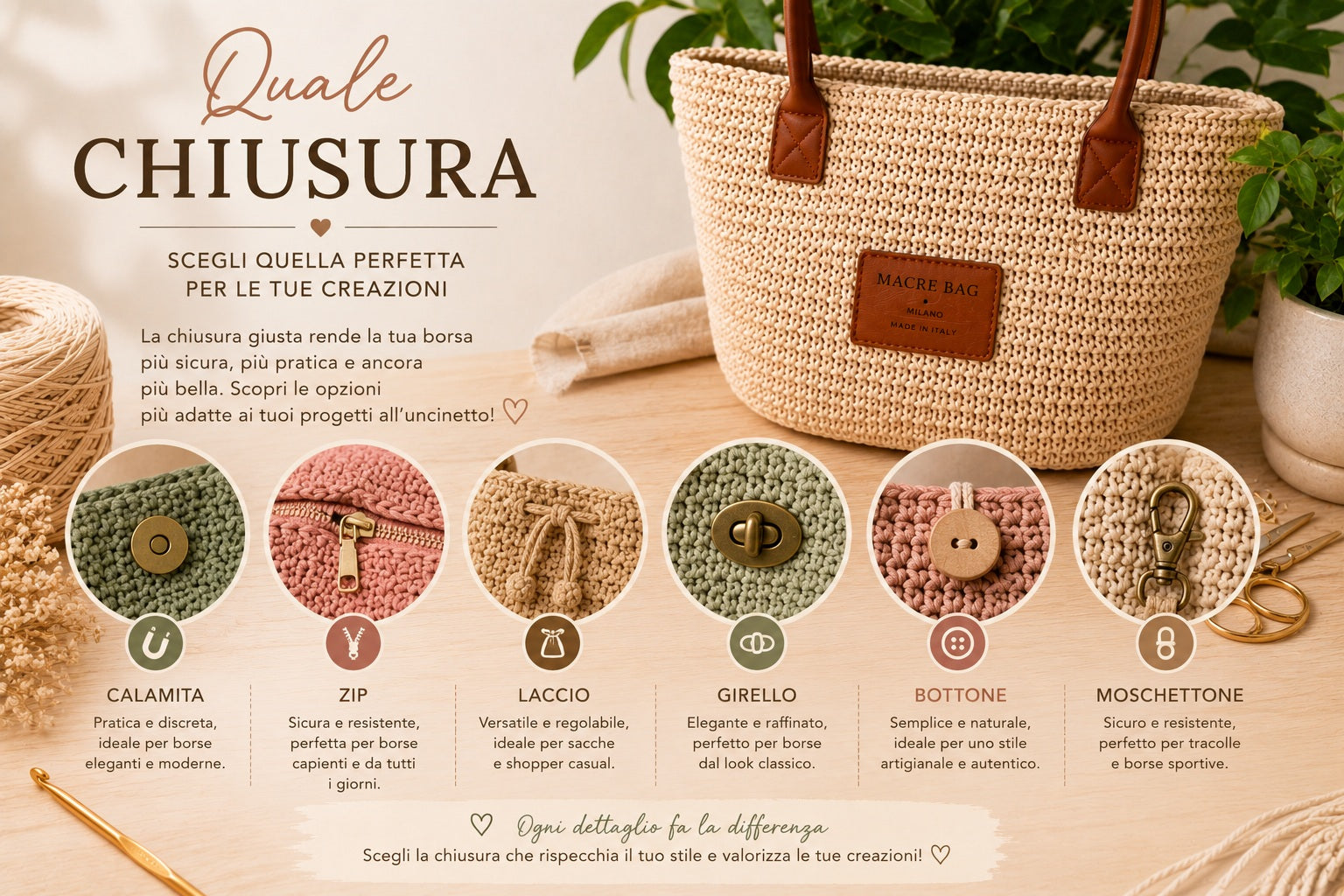 Chiusure per borse all'uncinetto: a molla, cartella, clic-clac, cerniera e bottone Macrè Bag