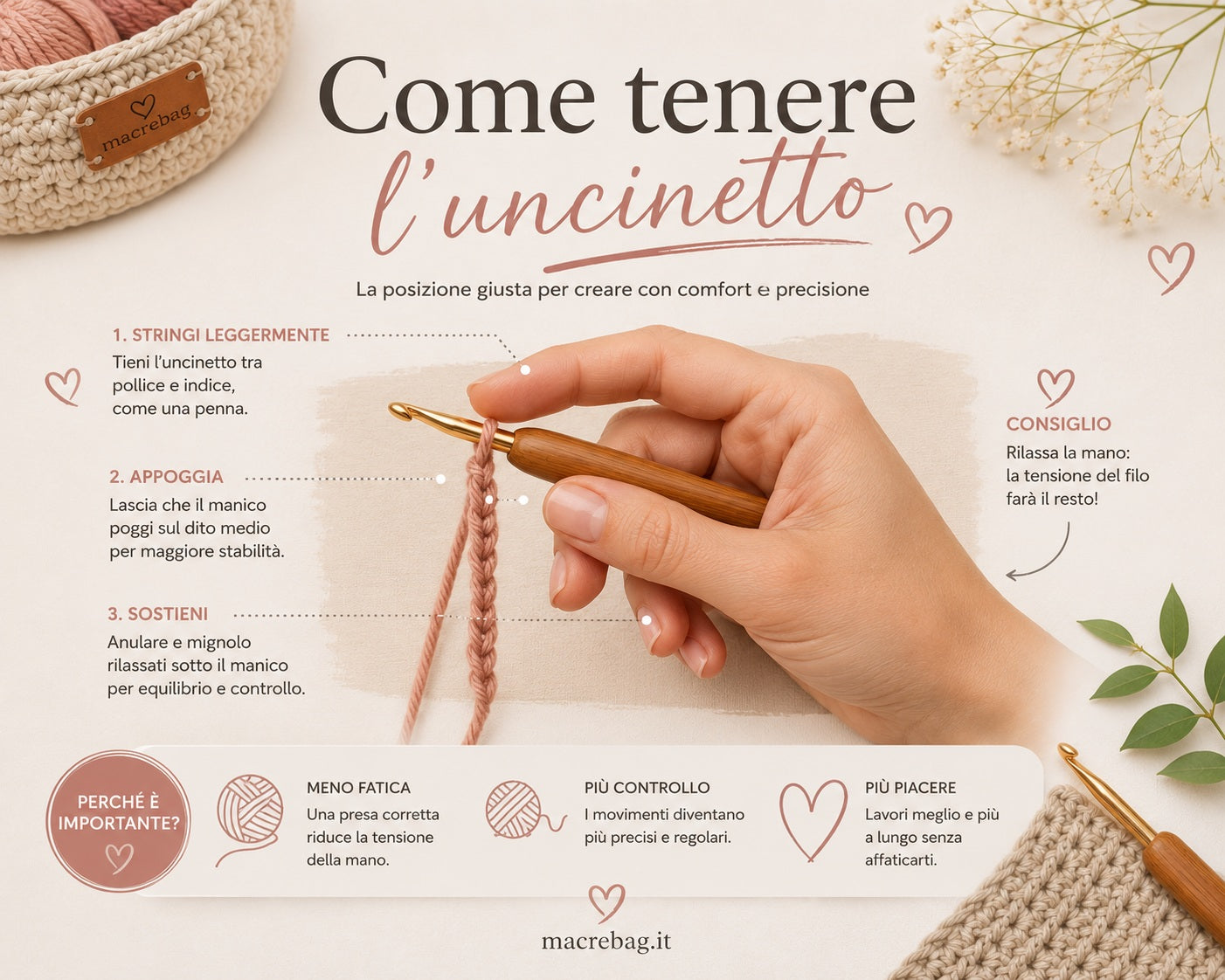 Come tenere correttamente l'uncinetto: presa a matita e a coltello per borse Macrè Bag
