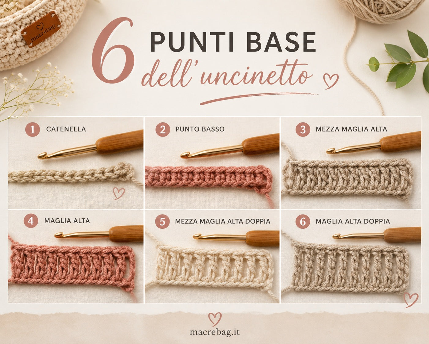 I 6 punti base dell'uncinetto: catenella, punto basso, punto alto e altri per borse Macrè Bag