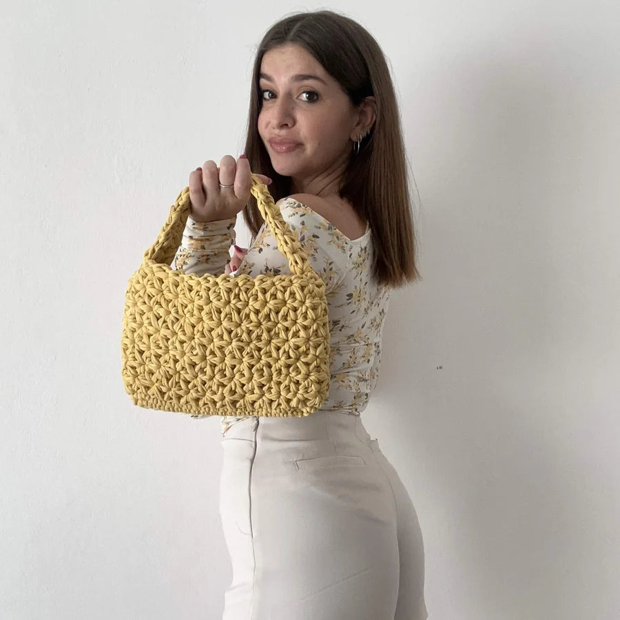 Kit borsa Fiorella all'uncinetto con fettuccia cotone – borsa a punto fiore completa